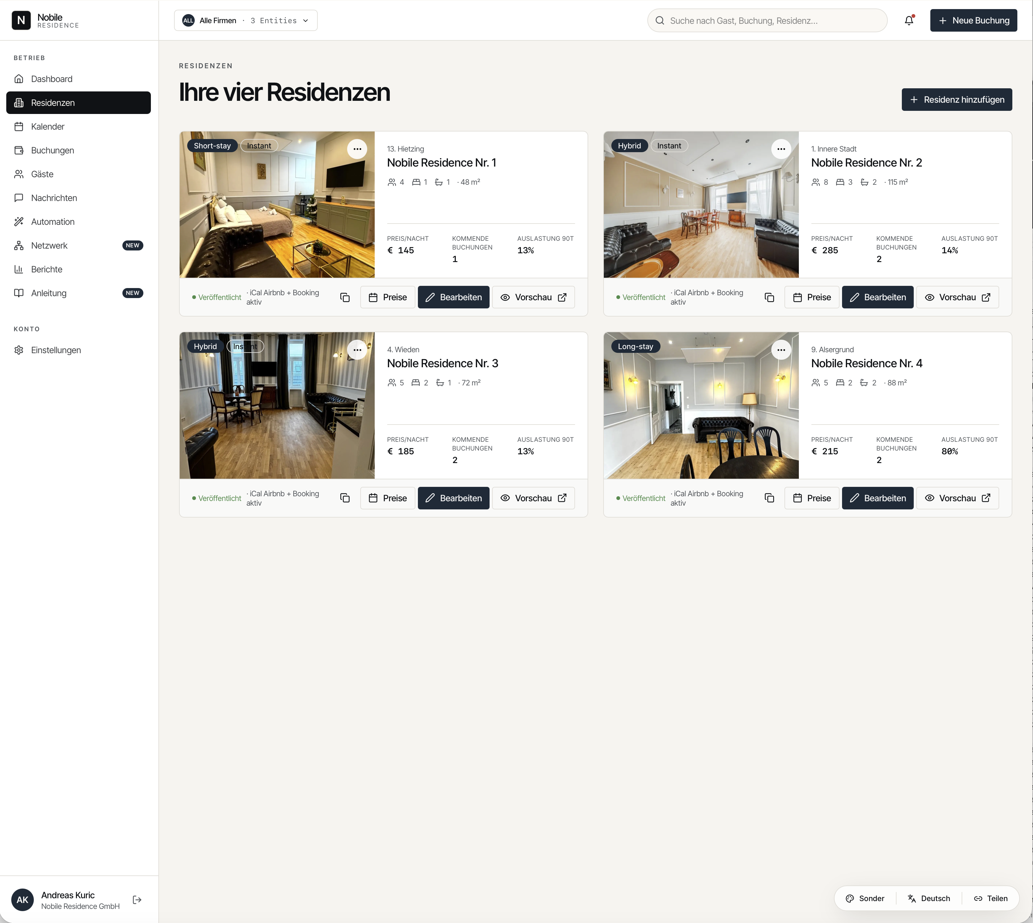 Liste von 4 Residenzen mit Fotos, Preisen, Auslastung und Vermietungsstrategien
