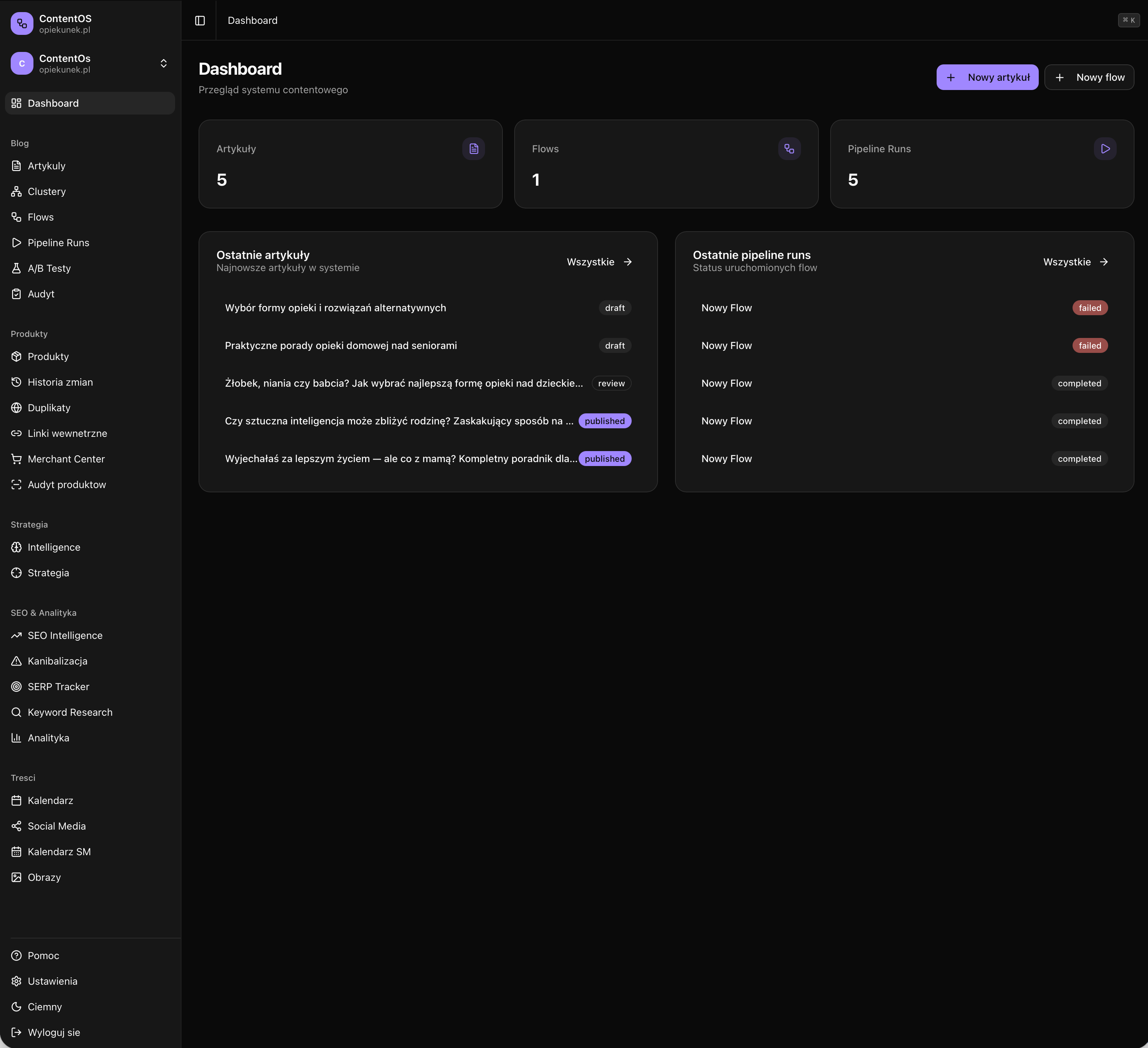 ContentOS Dashboard — 3 zentrale Metriken + letzte Artikel + Pipeline Runs