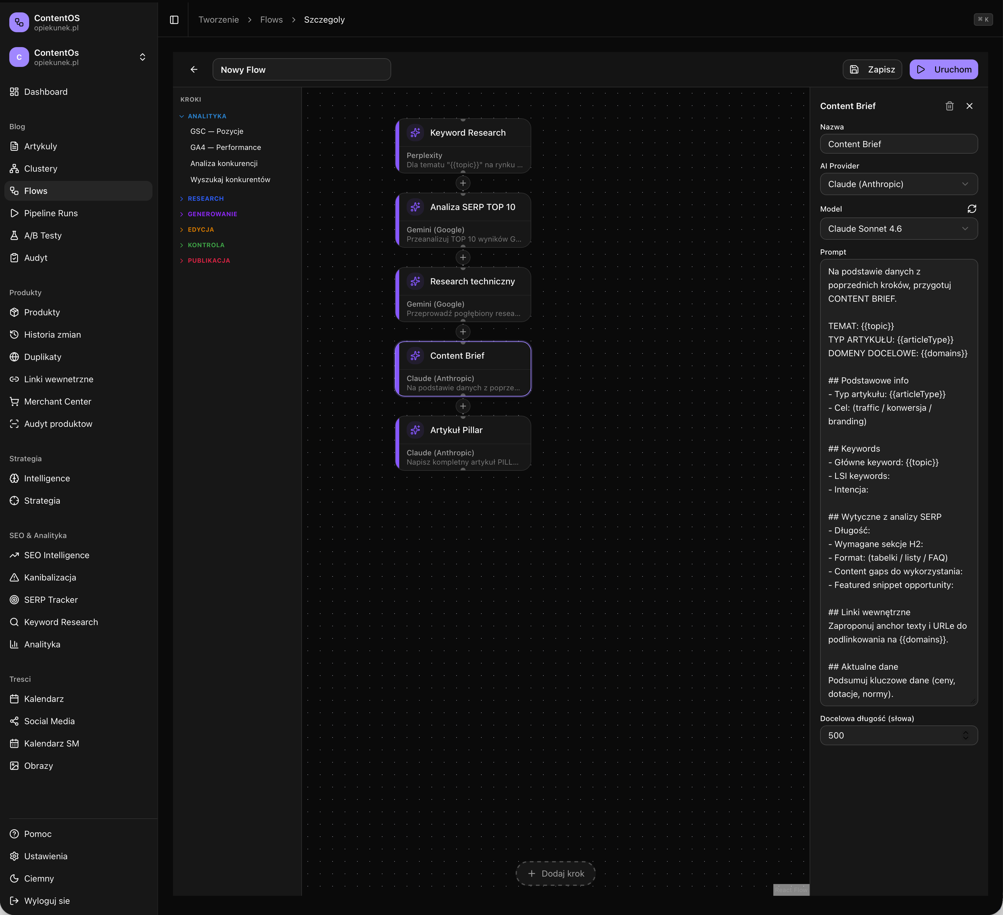 ContentOS — Flows Editor mit draggable Pipeline
