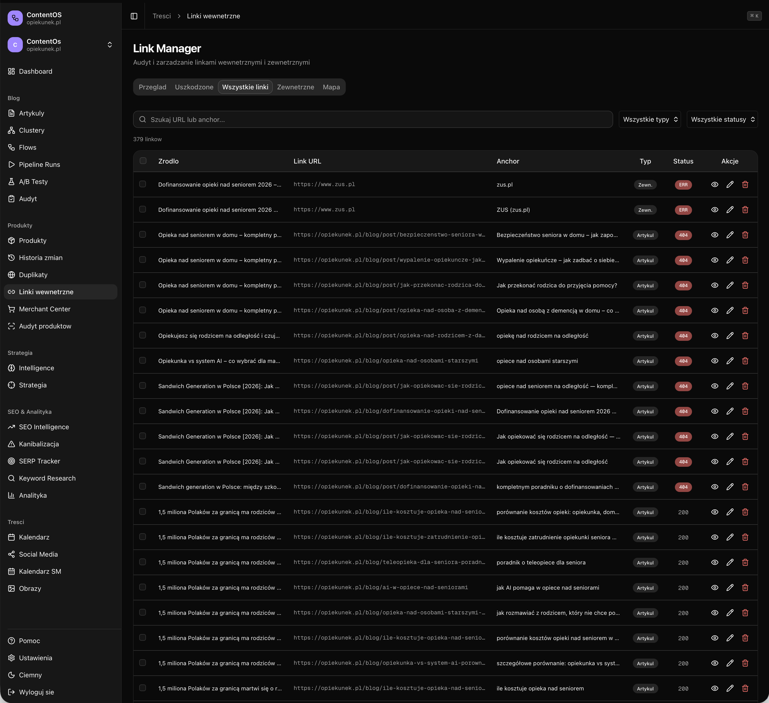 ContentOS Link Manager — 175 interne Links mit Anchor, Typ, Status