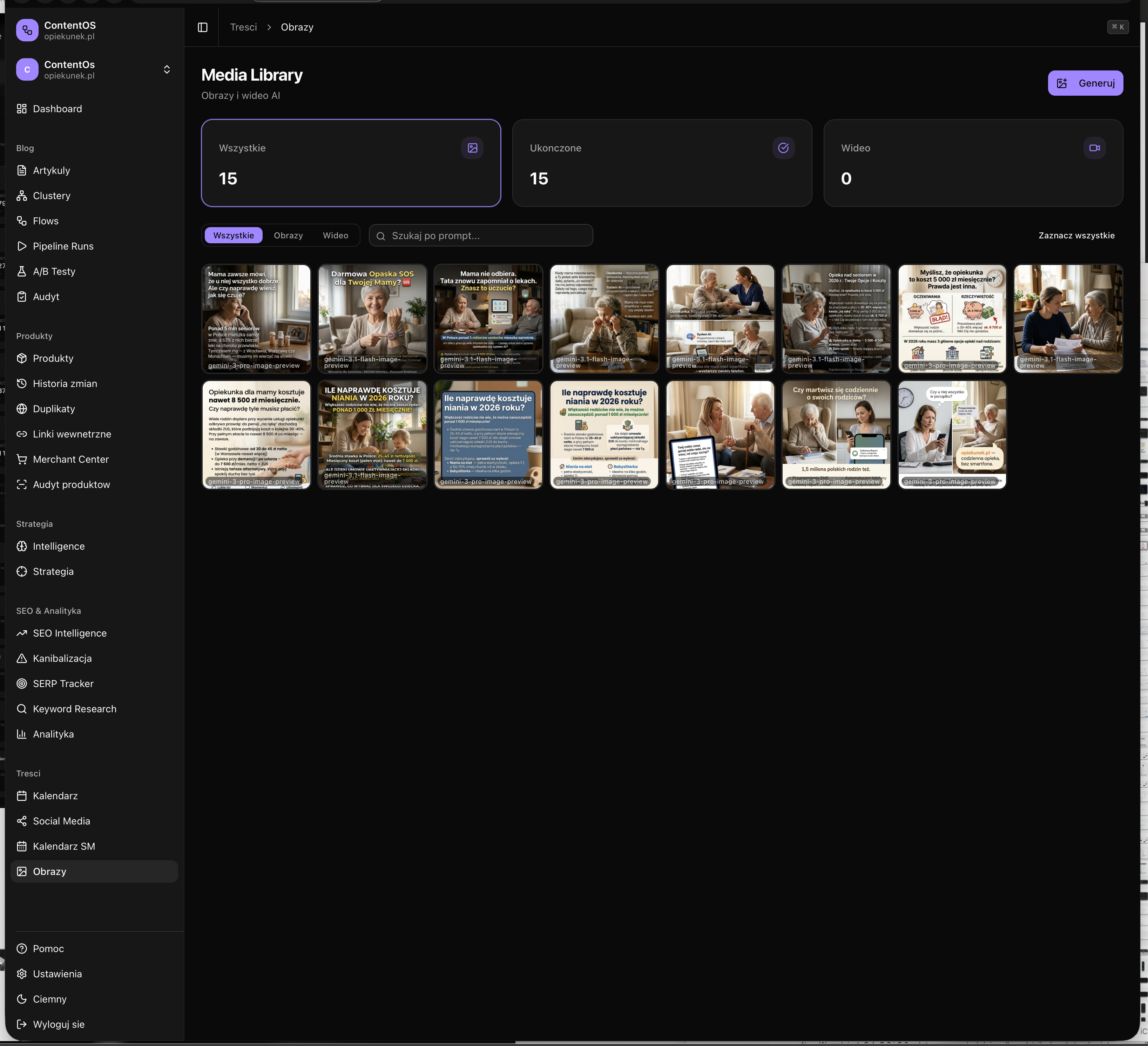 ContentOS Media Library — 15 KI-generierte Bilder via Gemini + Higgsfield