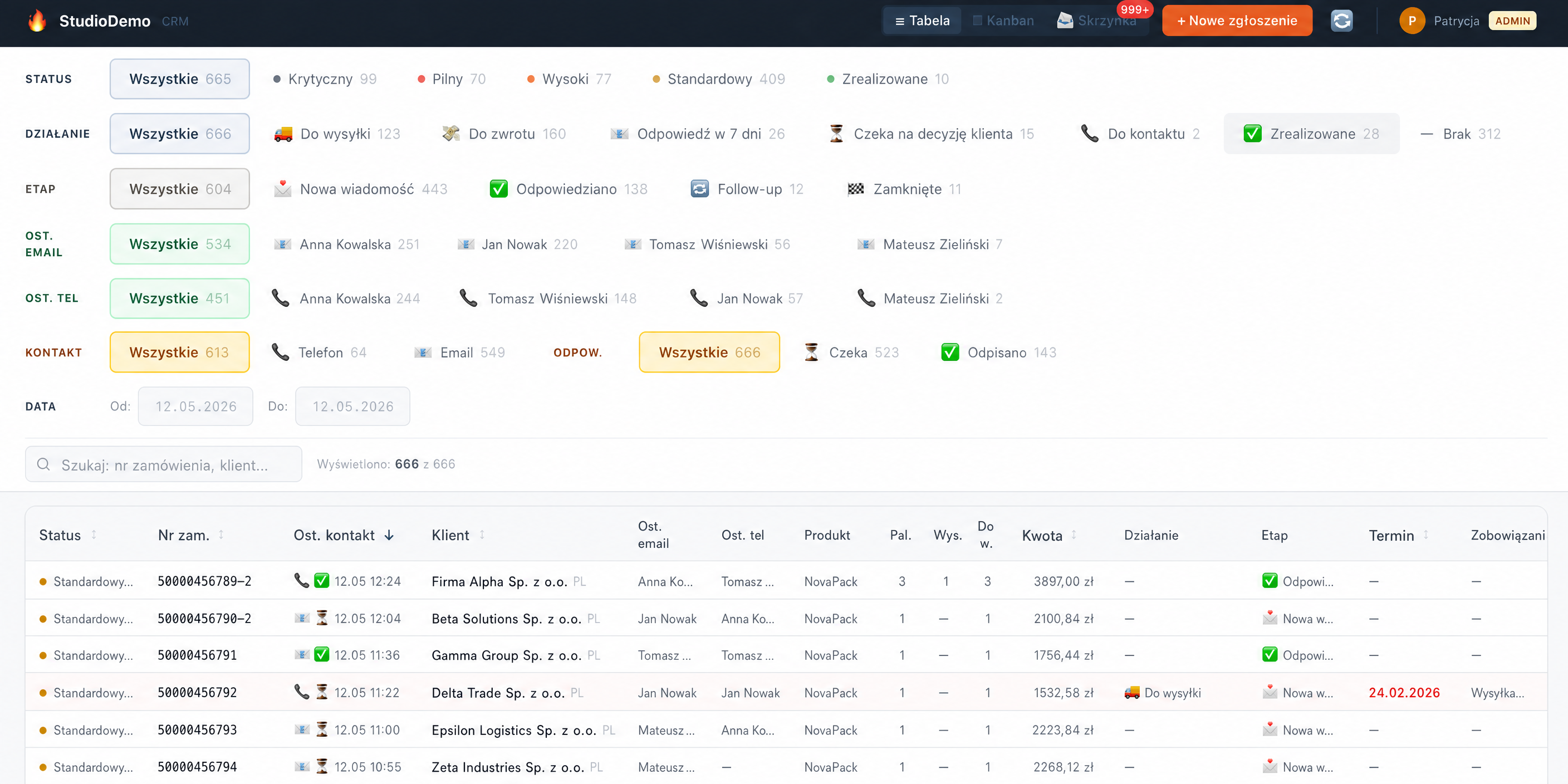 CRM — vollständige Bestelltabelle mit Filtern