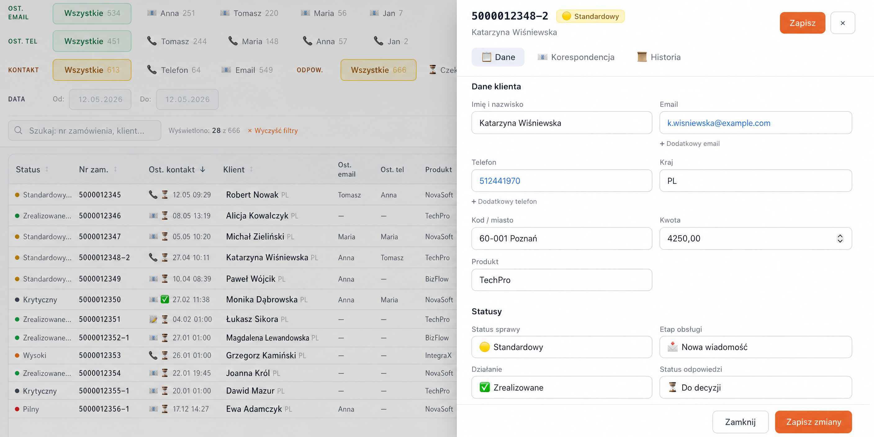CRM — Kundendaten und Status im Drawer